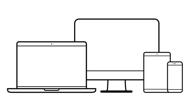 Set Of Device Line Icon. Computer, Laptop, Tablet Pc And Phone Set. Vector