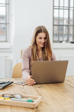Young smiling woman working on laptop in office