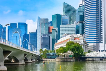 Poster Panoramic view of Singapore business centre from Marina bay. Skyscrapers and tropical plants under deep blue sky © Oleksii Fadieiev