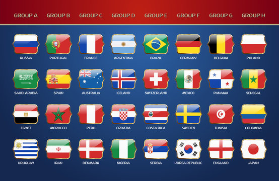 Football World Championship 2018 Groups. Vector Country Flags.