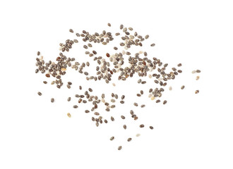 Closeup macro of small organic chia seeds on a white background, top view.