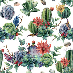 Fototapeta na wymiar Watercolor seamless pattern with cactuses and red, yellow flowers. Hand painted cereus, succulent, berries, branch and leaves isolated on white background. Illustration for design, fabric or print.