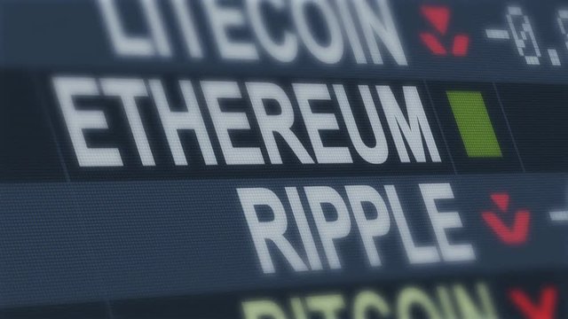 A computer 3d rendering of crypto currency information placed on a huge black screen with the titles of different currencies, their price and shimmering green and red arrows