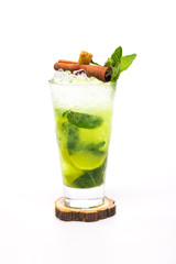 mojito cocktail decorated with cinnamon and sugar on white background