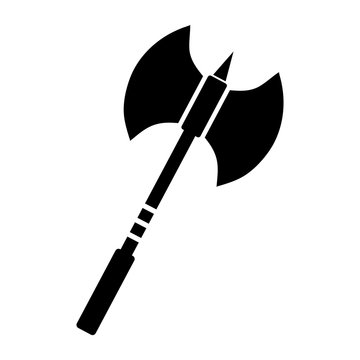Simple, flat, black two-handed battle axe silhouette illustration. Double-bladed axe. Isolated on white