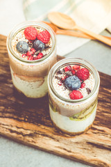 Healthy brunch with fresh fruits in jar