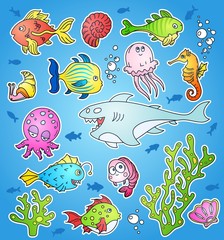 Naklejka na ściany i meble Ocean life icons, vibrant colored marine inhabitants outline vector set