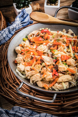 Fried chicken pieces with vegetables.