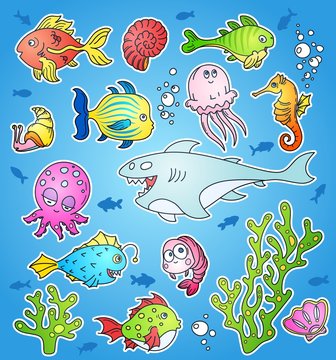 Ocean life icons, vibrant colored marine inhabitants outline vector set