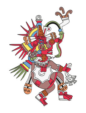 Quetzalcoatl, the feathered serpent. God of Wind and Wisdom. Twin brother of Tezcatlipoca. Deity as depicted in the antique Aztec manuscript painting Codex Borbonicus. Illustration over white. Vector.