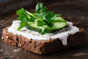 Crackers with cottage cheese, radish, cucumber decorated with cress salad and fresh herbs