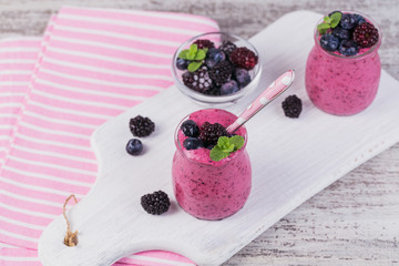 Berry smoothie, healthy detox yogurt drink, diet or vegan food concept