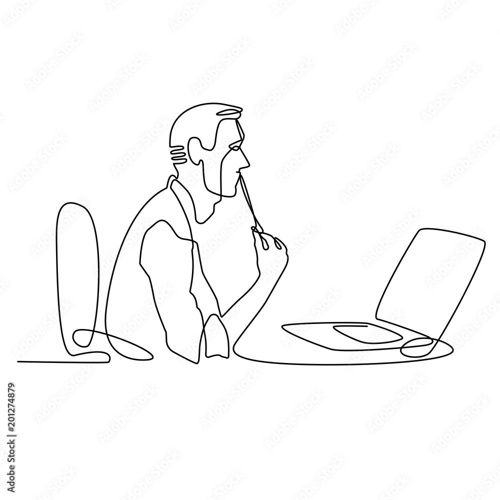 Fototapete continuous line drawing of businessman working behind computer