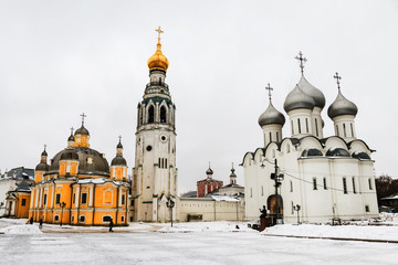 Fototapeta na wymiar Kremlin square in Vologda, Russia with old church and Saint Sophia Cathedral