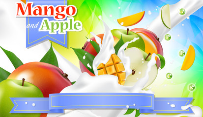 Vector ads 3d promotion banner. Realistic apple mango splashing with falling slices, juice drops, vitamins, leaves. Mock up for yogurt, ice cream