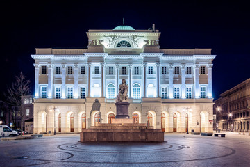 Nicolaus Copernicus Monument sculpted by Bertel Thorvaldsen in front of Staszic Palace (Palac Staszica) house of Polish Academy of Sciences 