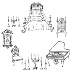 Outline in lines on a white background antique furniture - bed, chest of drawers and clock, candles and a grand piano,
