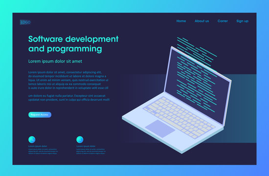 Software development and programming, program code on laptop screen, 3D isometric vector illustration