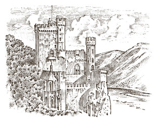 Castle on a hill. Ancient Landscape for the label. Engraved Hand drawn sketch in vintage victorian style. Travel to Europe to the historic building. Fairy Tale Fortress or palace, mansion house.