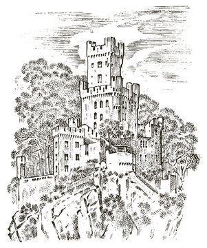 Castle on a hill. Ancient Landscape for the label. Engraved Hand drawn sketch in vintage victorian style. Travel to Europe to the historic building. Fairy Tale Fortress or palace, mansion house.