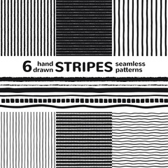 Set, collection of seamless vector repeat patterns with stripes, streaks, strips, bars, wavy lines, waves. Black and white hand, brush, chalk drawn striped backgrounds, templates. Rough, uneven edges.