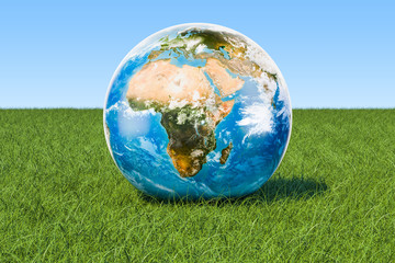 Fototapeta na wymiar Eco concept. Earth Globe on the green grass against blue sky, 3D rendering