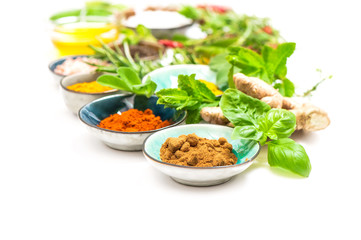 Herbs spices Curry turmeric ginger nutmeg powder Healthy organic food
