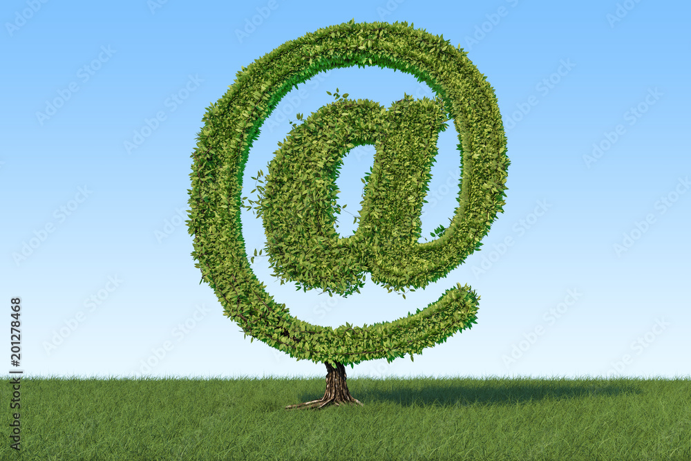 Poster tree in the shape of mail symbol on the green grass against blue sky, 3d rendering
