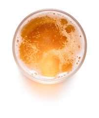 top view of glass of beer isolated on white background