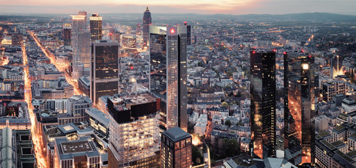 High resolution aerial panoramic view of Frankfurt, Germany after sunset. - obrazy, fototapety, plakaty