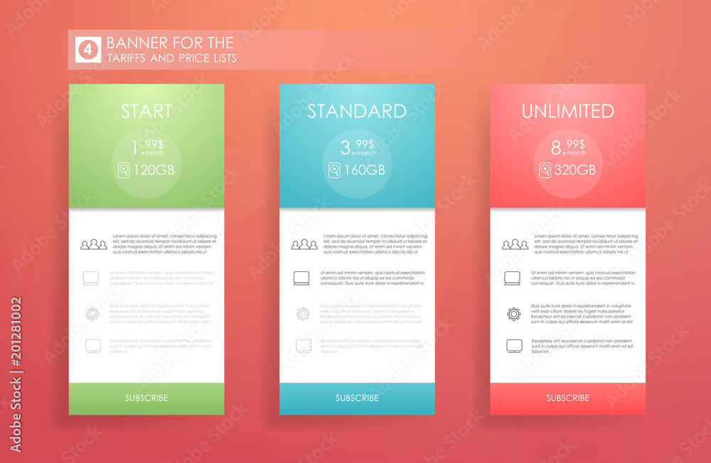 Poster three banners with tariffs plan. comparison of pricing table set for business, bullet list with comm