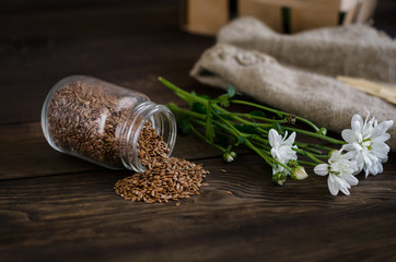 Flax seeds on a dark wooden background