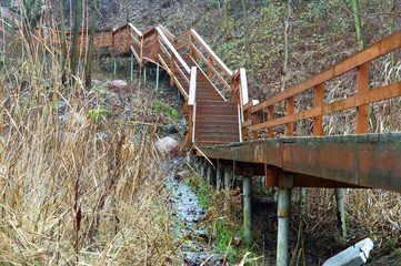 Wooden stairs to the street. The staircase of wood leading to the pond.