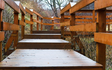 Fototapeta na wymiar Wooden stairs to the street. The staircase of wood leading to the pond.