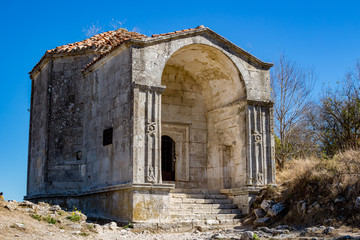 Fototapeta na wymiar Durbe of Djanike Khanum (Mausoleum Dzhanike-Khanym), daughter of Golden Horde Khan Tokhtamysh. Ancient town Chufut-Kale, Bakhchysarai, Crimea