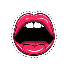 Pink lips tongue pop art retro poster element.  illustration isolated on white