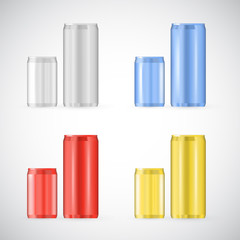 Tin cans set, realistic beverage foil container illustration side view isolated on white. Typical aluminum package for soda and beer with empty space for branding, recyclable material.