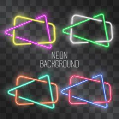 Neon frame light effect set on transparent background. Night shining street bar signs, modern glowing icon shapes for web-sites, logos. Show signs, illuminated tangled banners.