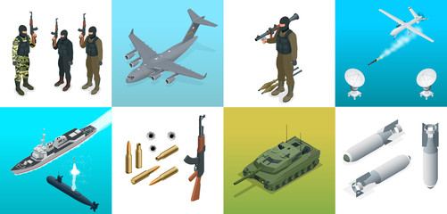 Isometric icons submarine, aircraft, soldiers. Set of military equipment flat high quality military vehicles transport. © Golden Sikorka