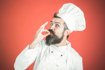 Cooking, food, profession and gesture concept - smiling bearded chef showing sign ok. Professional male chef in white uniform gesturing excellent. Bearded cook showing sign for delicious. Copy space.