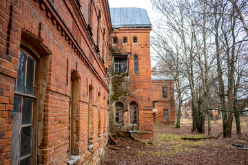 Abandoned Gurievskaya agricultural school. The building of the late 19th century. Village of Solovjinye Zori, Russia

