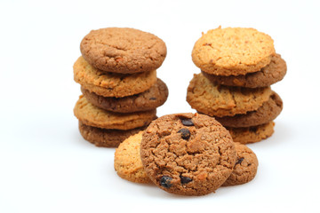 Chocolate chip cookies isolated on white background. Sweet biscuits.