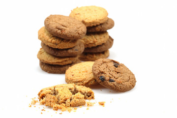 Chocolate chip cookies isolated on white background. Sweet biscuits.