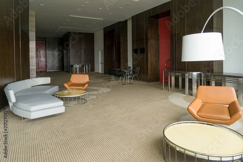 Modern Hotel Lobby With Leather Sofa And Chairs Lamp