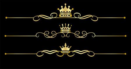 Golden elements on black background. Victorian Scrolls and crown in classic, vintage, retro, Royal style. Vector illustration for your design