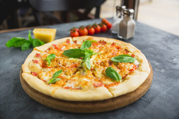Pizza with bacon, cheese and tomato on dark background. Closeup view. Delicious food