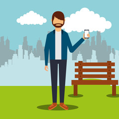 beard hispter man showing smartphone vector illustration