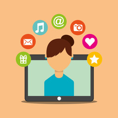 woman on screen tablet computer social media vector illustration