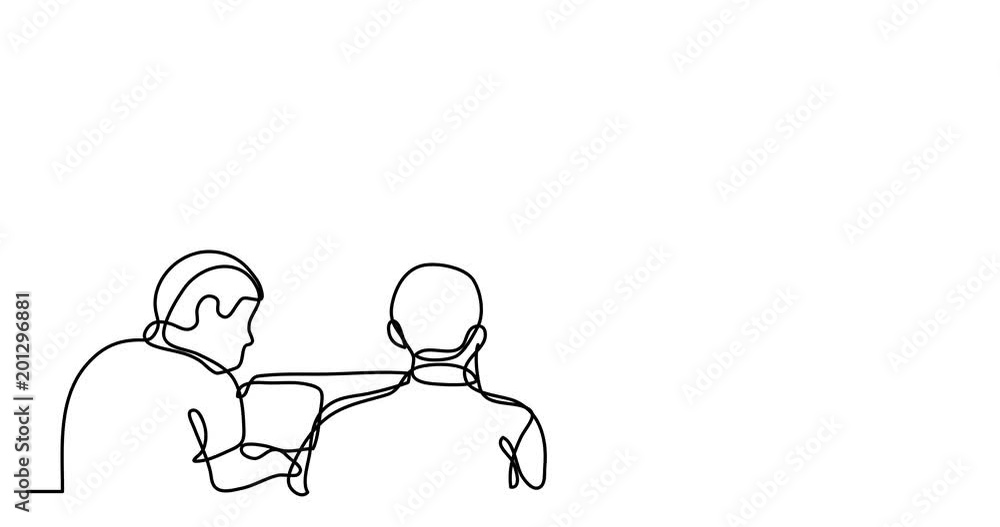 Poster self drawing animation of continuous line drawing of people working on laptop computers