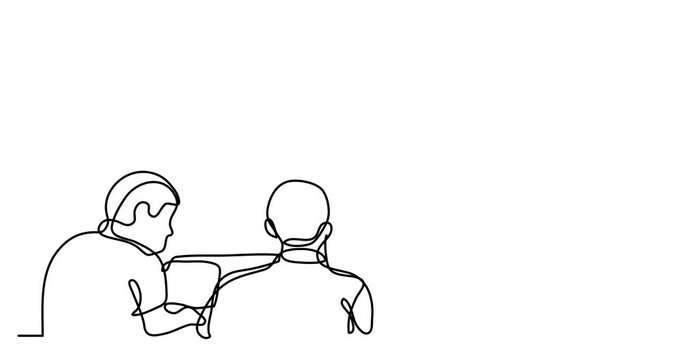 Self drawing animation of continuous line drawing of people working on laptop computers